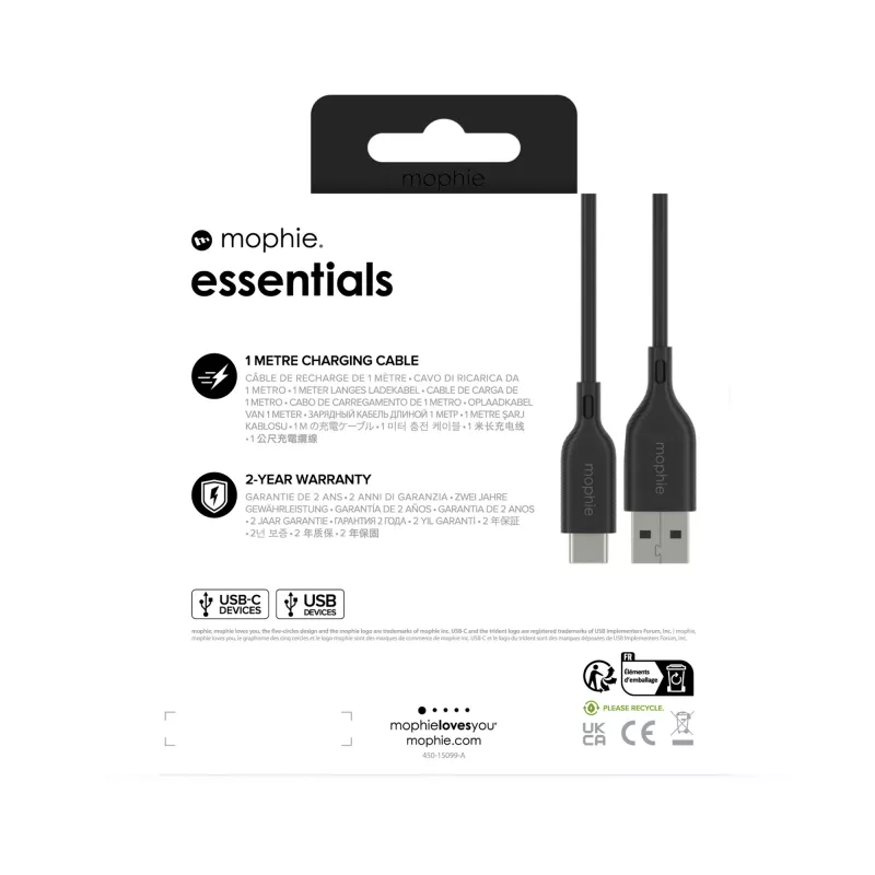 Cabo de carregamento Mophie Essentials | cabo USB 1 m USB 2.0 USB A para USB C preto