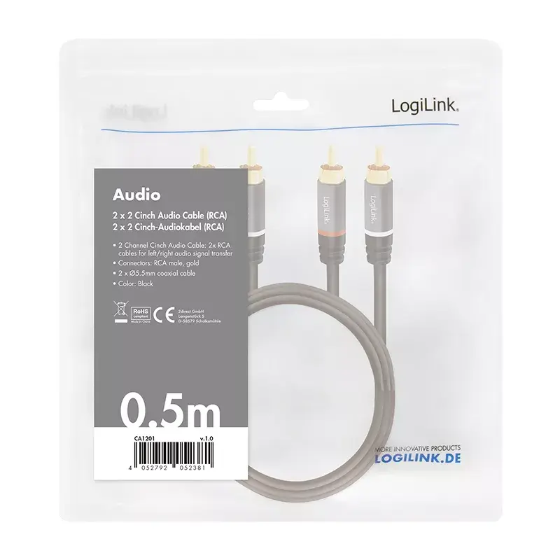 Cabo de áudio LogiLink CA1201 0,5 m 2 x RCA preto