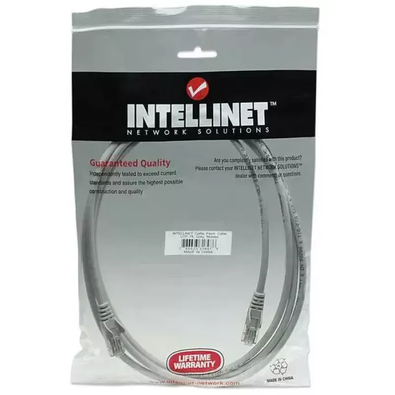 Cabo de rede patch Intellinet, Cat5e, 2 m, cinzento, CCA, U/UTP, PVC, RJ45, contactos banhados a ouro, prevenção de engate, alívio de tensão, garantia vitalícia
