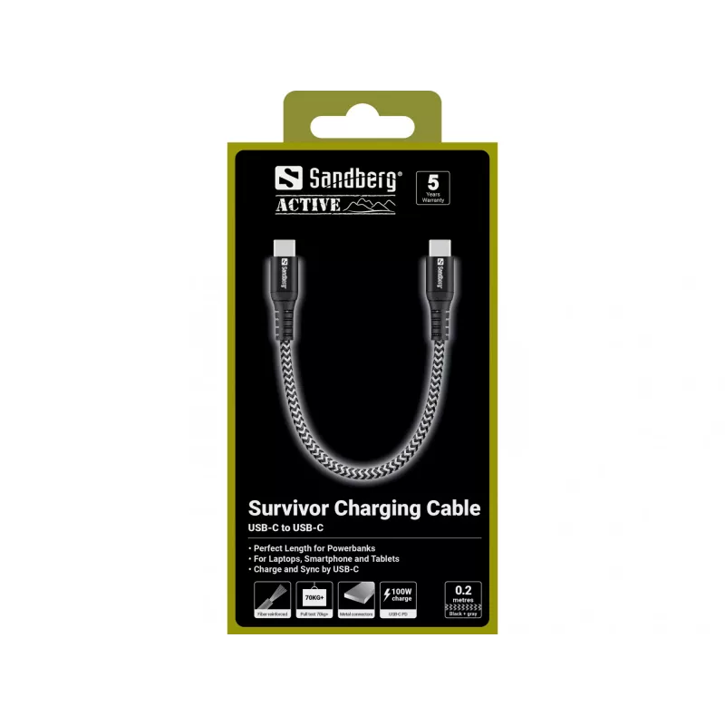 Cabo USB-C Sandberg Survivor 0,2 m 100 W preto branco