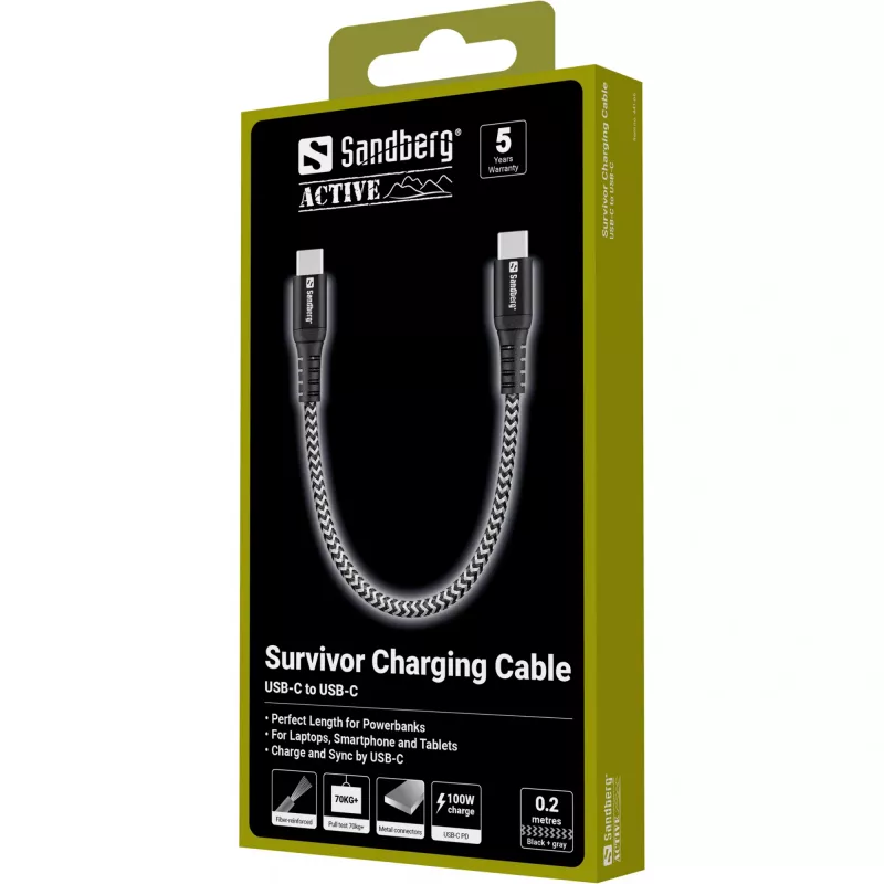 Cabo USB-C Sandberg Survivor 0,2 m 100 W preto branco