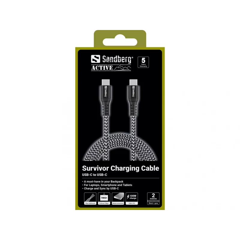 Cabo USB-C Sandberg Survivor 2M 100W preto branco
