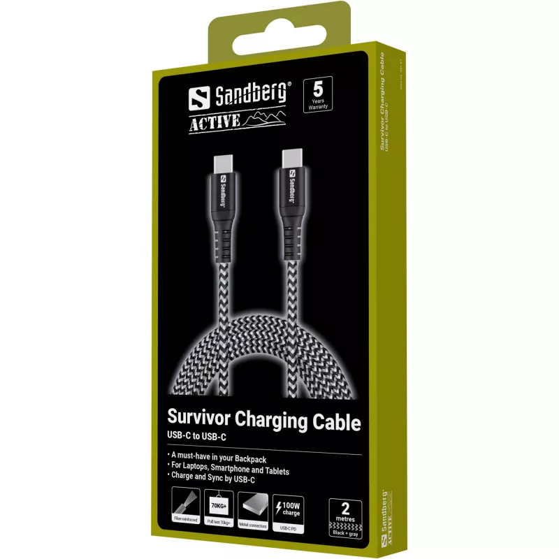 Cabo USB-C Sandberg Survivor 2M 100W preto branco