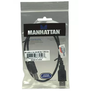 Cabo USB-A para USB-B Manhattan, 0,5 m, macho para macho, 480 Mbit/s (USB 2.0), Hi-Speed USB, preto, garantia vitalícia, compatível com USB2HAB50CM