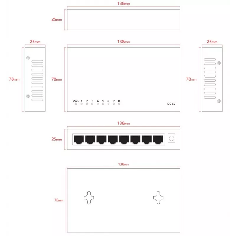 Switch não gerido Lanview LVN-DESK-8PORT-1G — switch Ethernet de secretária de 8 portas 1 Gbps