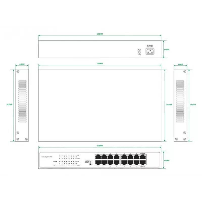 Switch não gerido Lanview LVN-1U-16PORT-1G Ethernet de 16 portas 1 Gbit/s, montagem em rack 1U