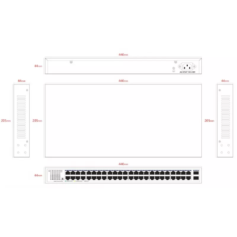 Switch não gerido Lanview LVN-1UMOUNT-48PORT-2SFP-1G — 48x portas RJ45 1G, 2x uplinks SFP