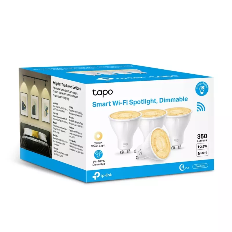 Foco inteligente Wi-Fi TP-Link Tapo, regulável, pack de 4, lâmpada inteligente, Wi-Fi, Branco, 802.11b, 802.11g, Wi-Fi 4 (802.11n), GU10, lâmpada parabólica