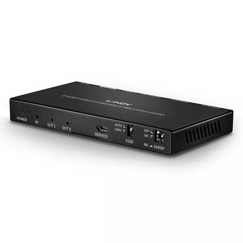 Divisor HDMI Lindy 2 portas HDMI 18G com áudio e downscaling