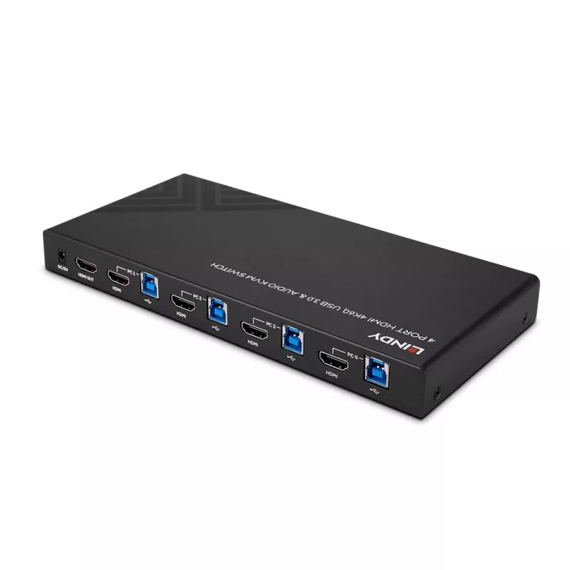 Comutador KVM Lindy 4 portas HDMI 4K60, USB 3.0 e áudio