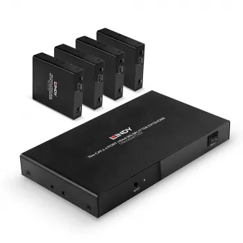 Extensor Splitter HDMI 4 Portas Lindy 70m Cat.6 4K60, 3840 x 2160 Píxeis, Transmissor e Recetor AV, 70 m, Com fios, Preto, HDCP