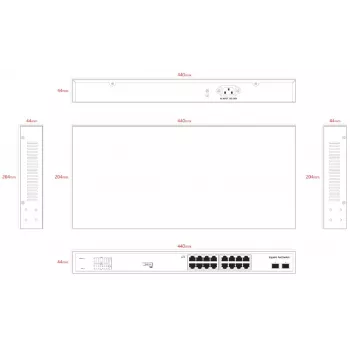 Switch PoE não gerido ERNITEC ELECTRA-U16-1GB 16 portas, 1 GbE Uplink, 285W Power Budget