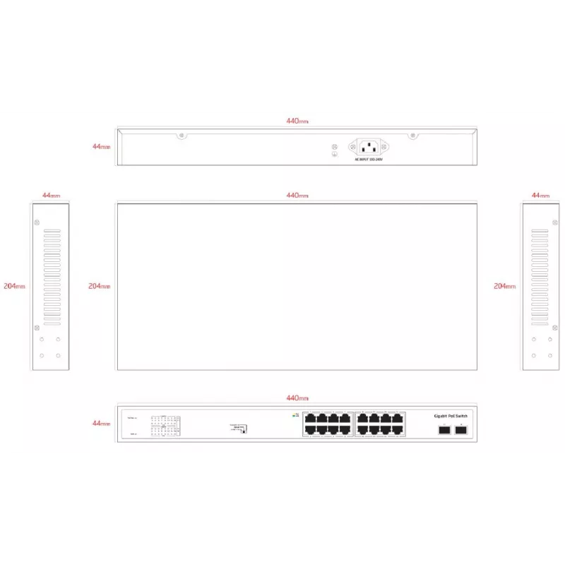 Switch PoE não gerido ERNITEC ELECTRA-U16-1GB 16 portas, 1 GbE Uplink, 285W Power Budget