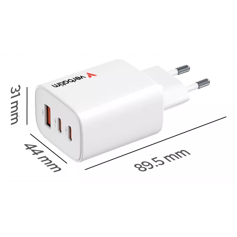Carregador GaN Verbatim Essentials 65W Ficha EU Branco, interior, AC, 20 V, Branco