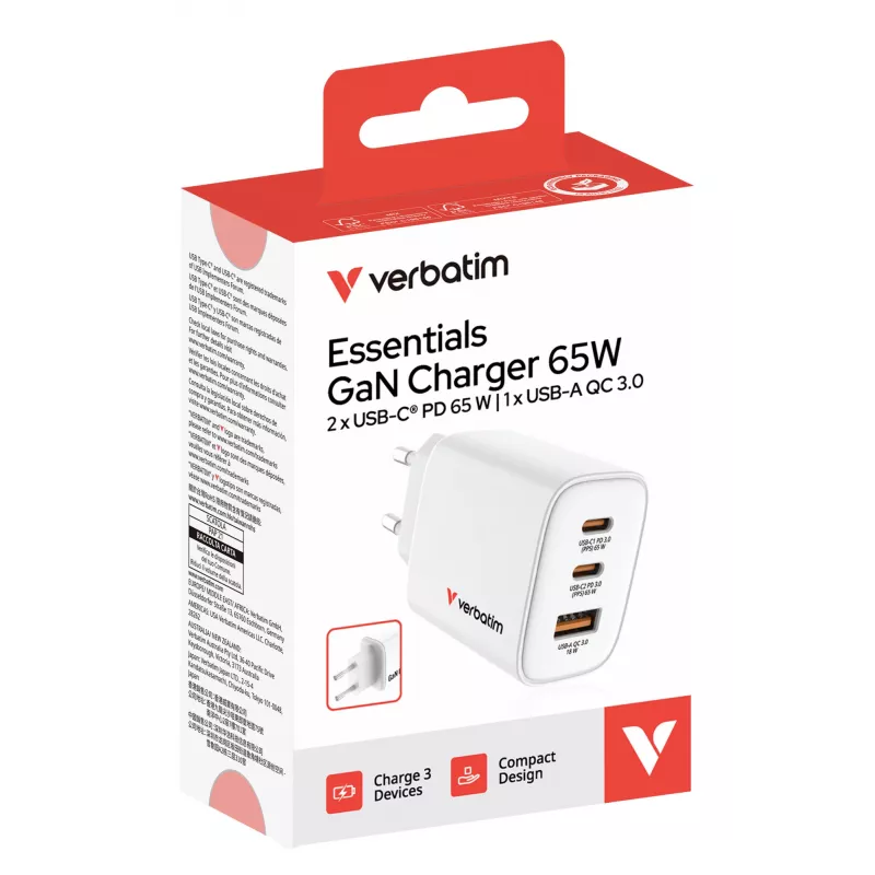 Carregador GaN Verbatim Essentials 65W Ficha EU Branco, interior, AC, 20 V, Branco