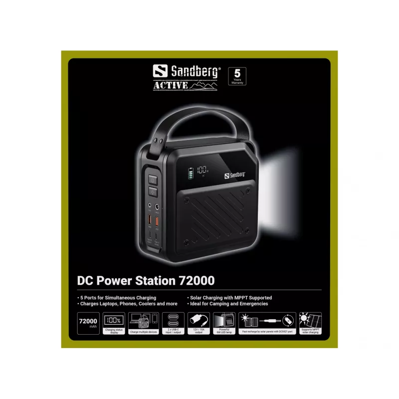 Estação de energia DC portátil SANDBERG Sandberg DC Power Station 72000 — LMFP 72.000 mAh, entrada DC e USB-C, preto