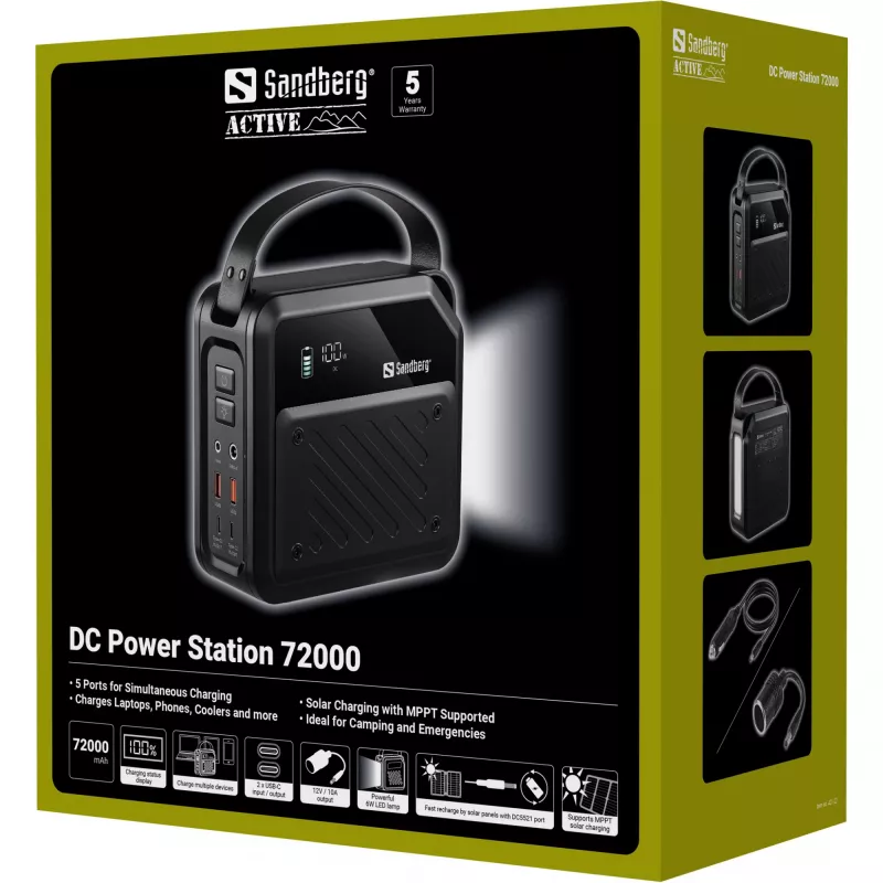 Estação de energia DC portátil SANDBERG Sandberg DC Power Station 72000 — LMFP 72.000 mAh, entrada DC e USB-C, preto
