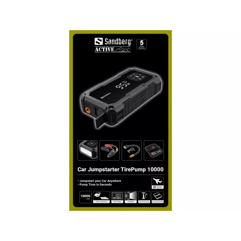 Arrancador portátil e bomba de pneus SANDBERG Sandberg Car Jumpstarter TirePump 10000 — 800 A de corrente de arranque, saída de 2 A, USB 5 V