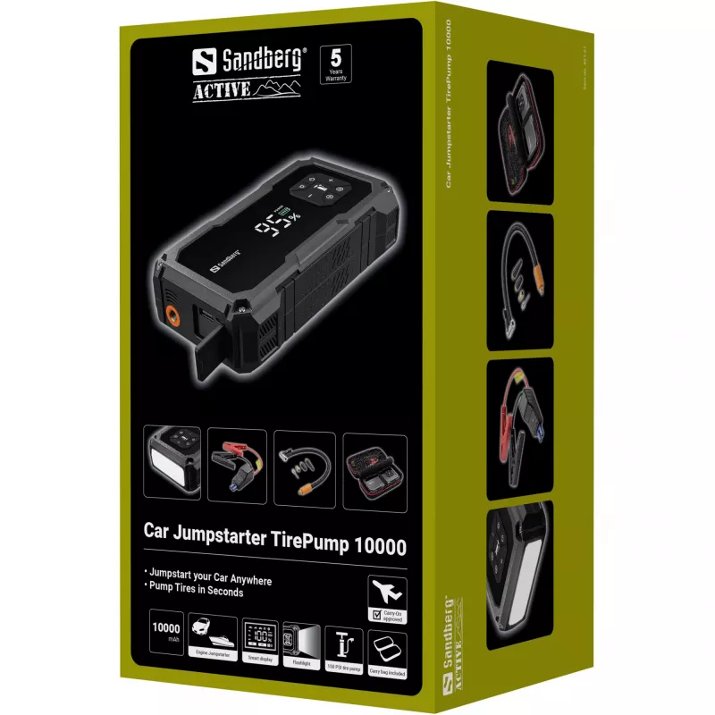 Arrancador portátil e bomba de pneus SANDBERG Sandberg Car Jumpstarter TirePump 10000 — 800 A de corrente de arranque, saída de 2 A, USB 5 V