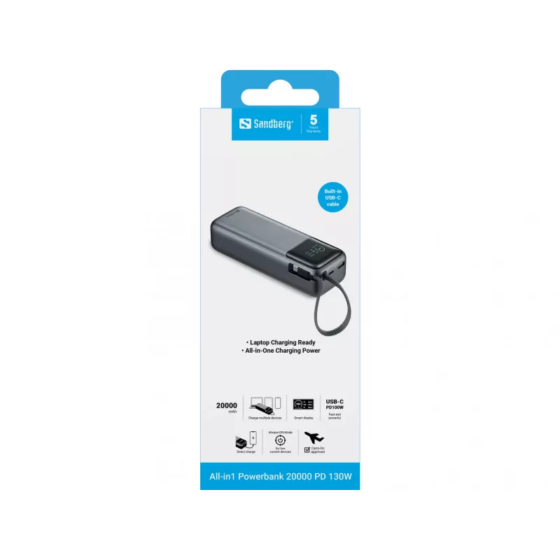 Powerbank portátil SANDBERG All-in1 Powerbank 20000 PD 130W — 20000 mAh, LiPo, USB-A 1x, USB-C 1x, 130 W, preto/cinzento