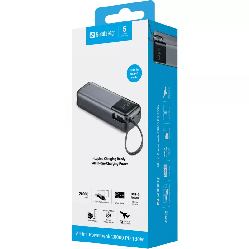 Powerbank portátil SANDBERG All-in1 Powerbank 20000 PD 130W — 20000 mAh, LiPo, USB-A 1x, USB-C 1x, 130 W, preto/cinzento