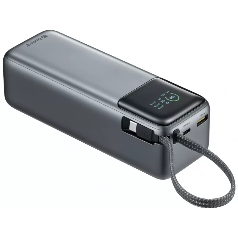 Sandberg 421-31 All-in1 powerbank 27000 PD 240 W, 5/9/12/15/20/28 V, cabo USB-C integrado, ecrã