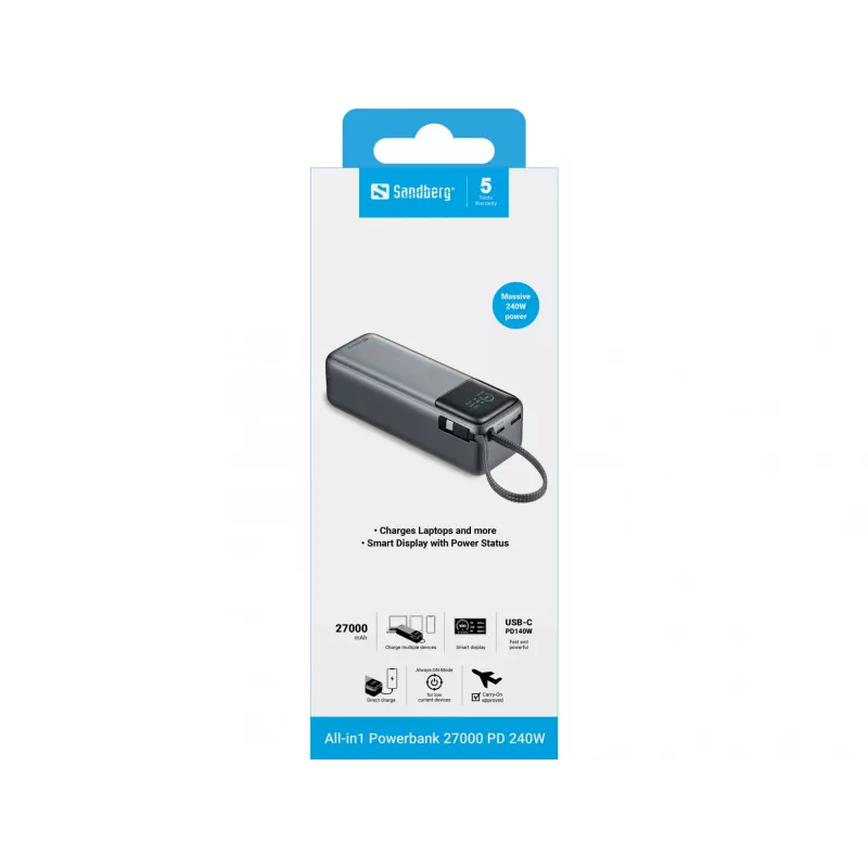 Sandberg 421-31 All-in1 powerbank 27000 PD 240 W, 5/9/12/15/20/28 V, cabo USB-C integrado, ecrã