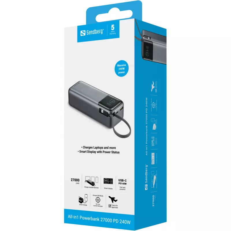Sandberg 421-31 All-in1 powerbank 27000 PD 240 W, 5/9/12/15/20/28 V, cabo USB-C integrado, ecrã