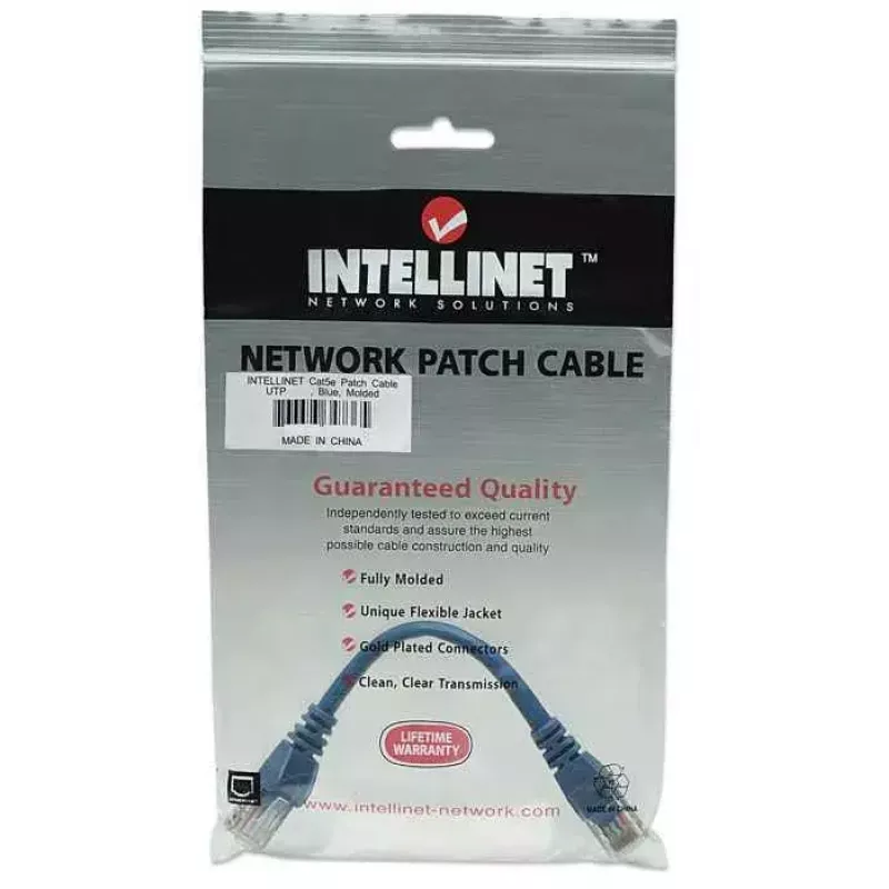 Cabo de rede patch Intellinet, Cat5e, 0,5 m, azul, CCA, U/UTP, PVC, RJ45, contactos banhados a ouro, proteção da patilha, proteção anti-dobra, garantia vitalícia