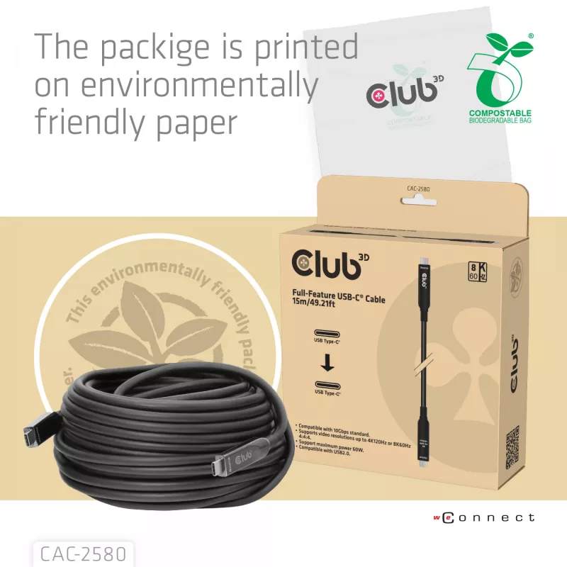Cabo USB-C® full-feature CLUB3D 15M / 49,21ft 8K60Hz 10Gbps 60W