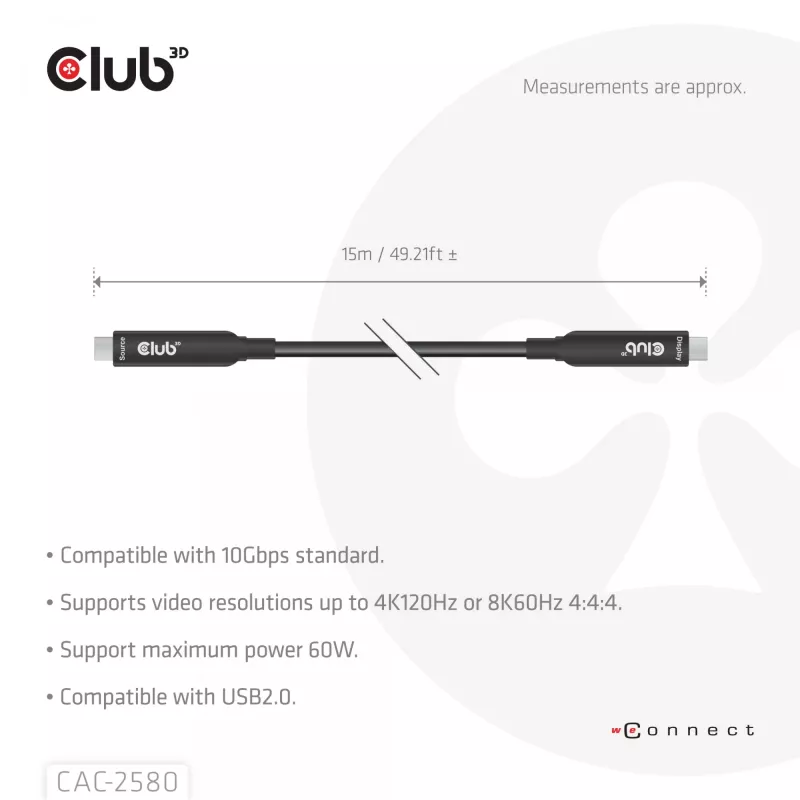 Cabo USB-C® full-feature CLUB3D 15M / 49,21ft 8K60Hz 10Gbps 60W