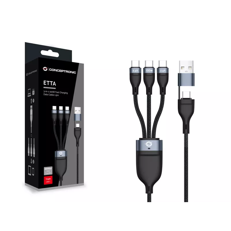 Cabo de carregamento rápido Conceptronic ETTA06B15C 3-em-1 100 W 1,5 m, triplo USB-C, USB 2.0, E-Mark
