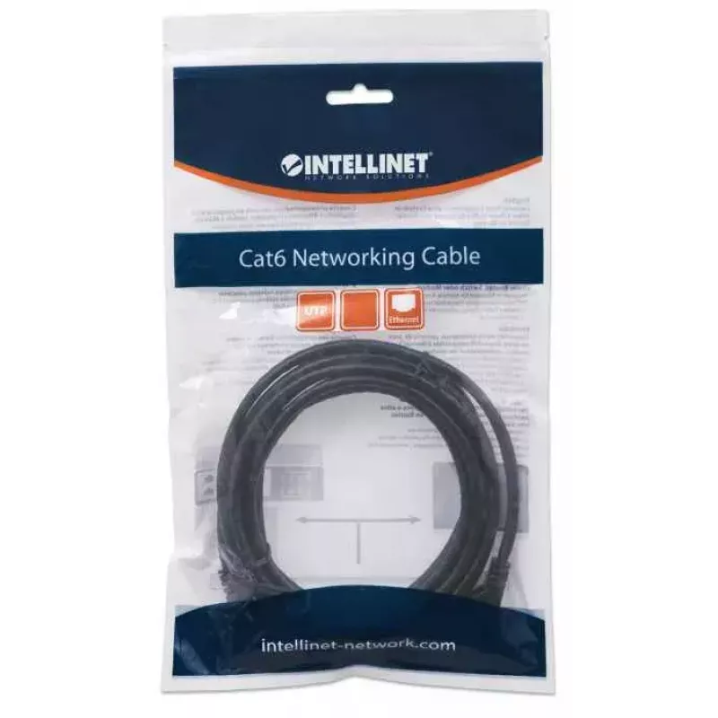 Cabo de rede Intellinet, Cat6, 5 m, preto, CCA, U/UTP, PVC, RJ45, contactos banhados a ouro, sem patilha, bainha moldada, garantia vitalícia