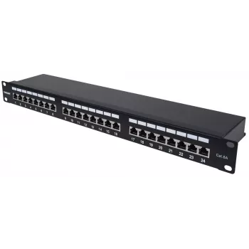 Patch panel Intellinet, Cat6a, FTP, 24 portas, 1U, blindado, réguas LSA de entrada superior a 90°, preto