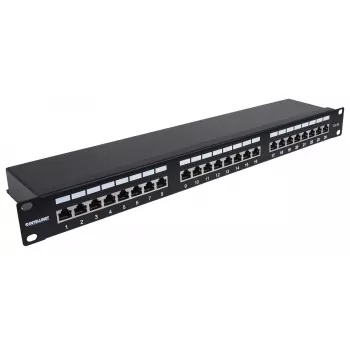 Patch panel Intellinet, Cat6a, FTP, 24 portas, 1U, blindado, réguas LSA de entrada superior a 90°, preto