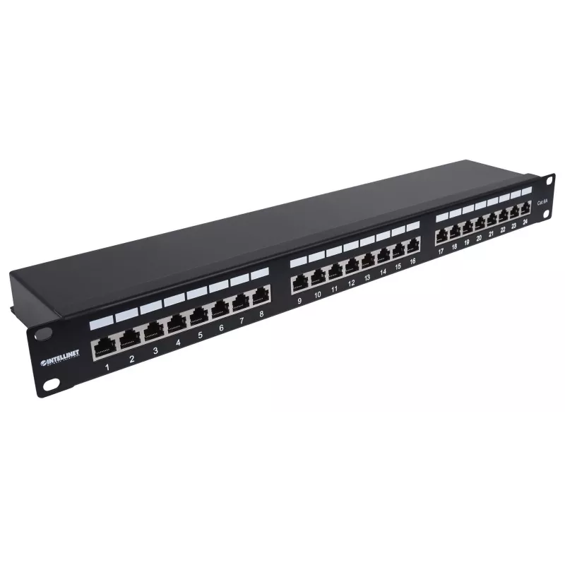 Patch panel Intellinet, Cat6a, FTP, 24 portas, 1U, blindado, réguas LSA de entrada superior a 90°, preto