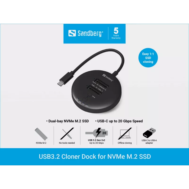 Sandberg Dock Clonador USB3.2 para SSD NVMe M.2, preto, 20 Gbit/s