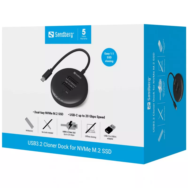 Sandberg Dock Clonador USB3.2 para SSD NVMe M.2, preto, 20 Gbit/s