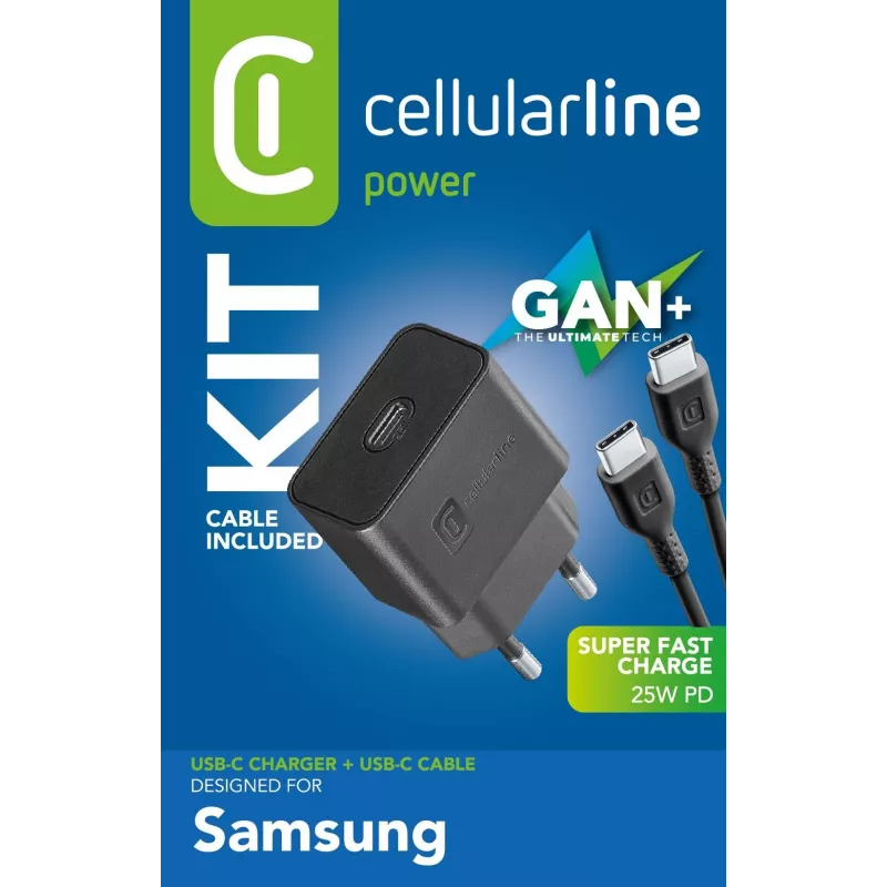 Kit carregador super rápido Cellularline 25W - USB-C para USB-C - fonte de alimentação Samsung 25W Super Fast Charge PD com cabo USB-C para USB-C