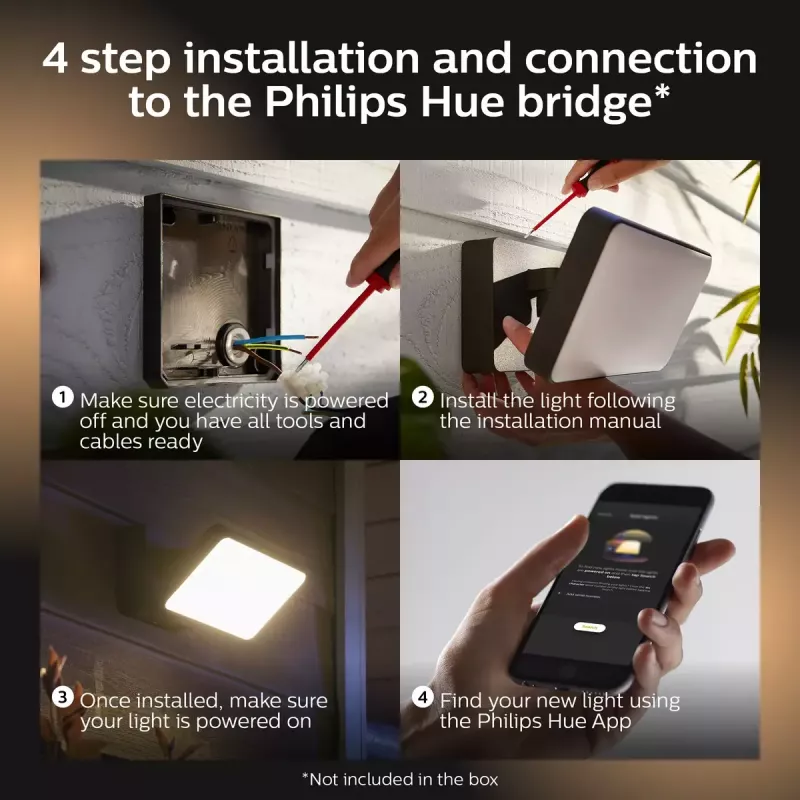 Luminária de parede exterior inteligente Philips Hue White Welcome Floodlight, 20,5 W LED, entrada 220–240 V, lâmpada 24 V, preta, 160×220×153 mm