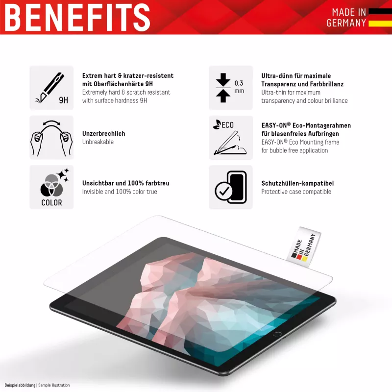 Displex Tablet Glass (9H) para Apple iPad Pro 11'' (1.ª/2.ª/3.ª/4.ª ger.)/Air (4.ª/5.ª ger.), moldura de montagem Eco, inquebrável, ultrafino, invisível