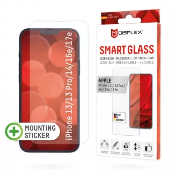 Displex Smart Glass (9H) para Apple iPhone 13/13 Pro/14/16e/17e, autocolante de montagem, inquebrável