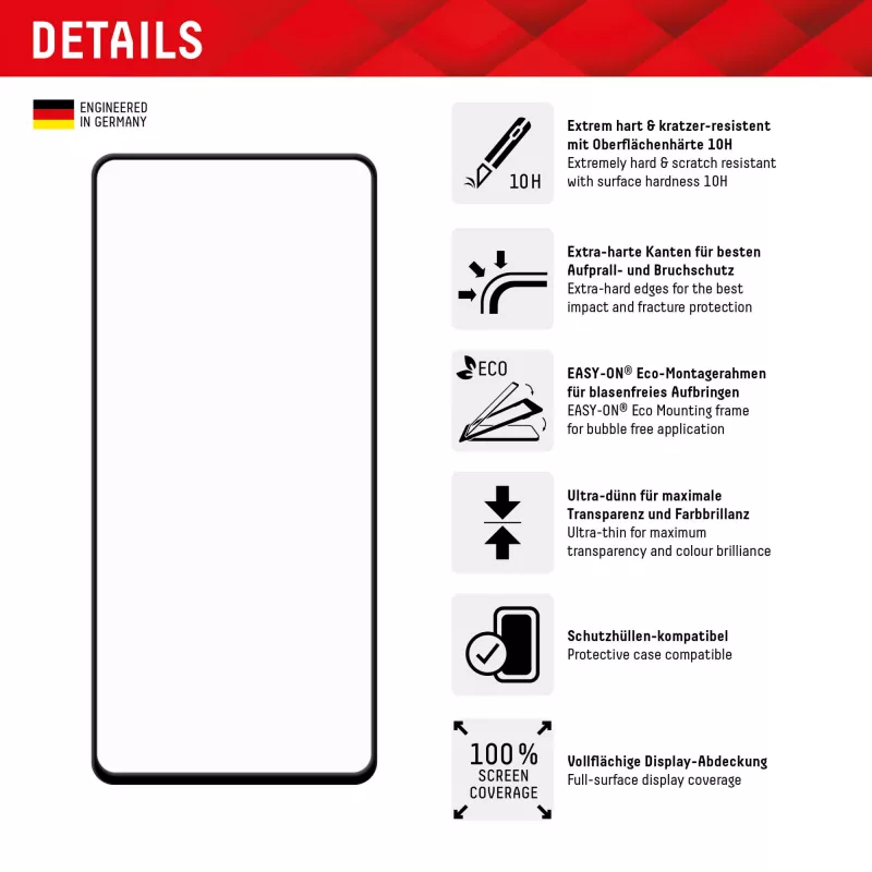 Película protetora de ecrã Displex Full Cover (10H) para Samsung Galaxy A54 5G, moldura de montagem Eco, Full Cover