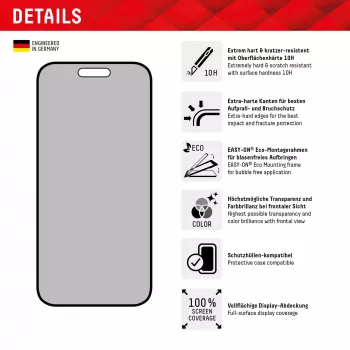 Película de privacidade Displex (10H) para Apple iPhone 15/15 Pro, moldura de aplicação Eco, filtro de privacidade