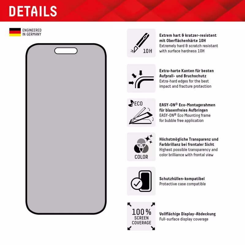 Película de privacidade Displex (10H) para Apple iPhone 15/15 Pro, moldura de aplicação Eco, filtro de privacidade