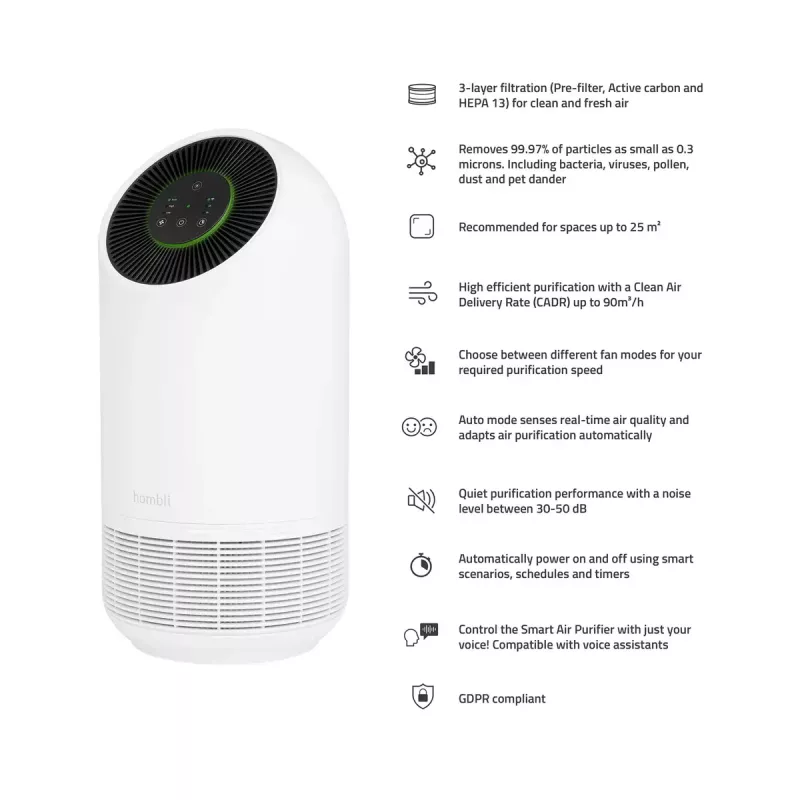 Purificador de ar Hombli Smart Air Purifier da Avanca International BV, nível de ruído 30 dB, disponível em branco e preto