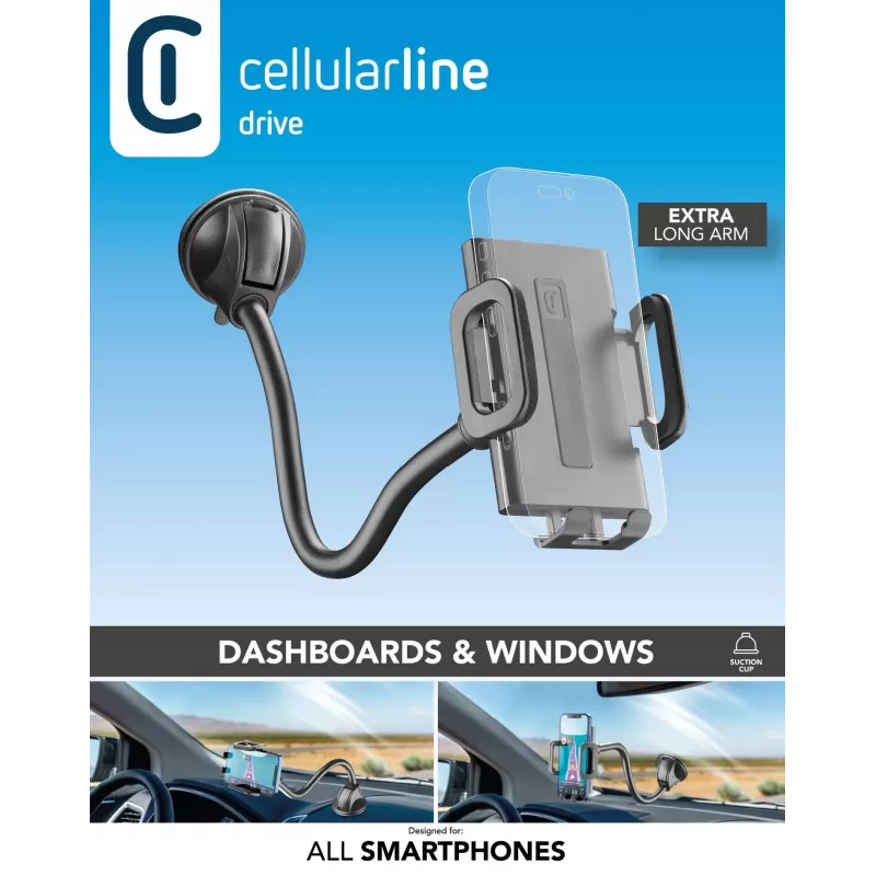 Suporte passivo universal com ventosa Sourcing Cellularline Hug Flexi XL para telemóveis, preto/cinzento