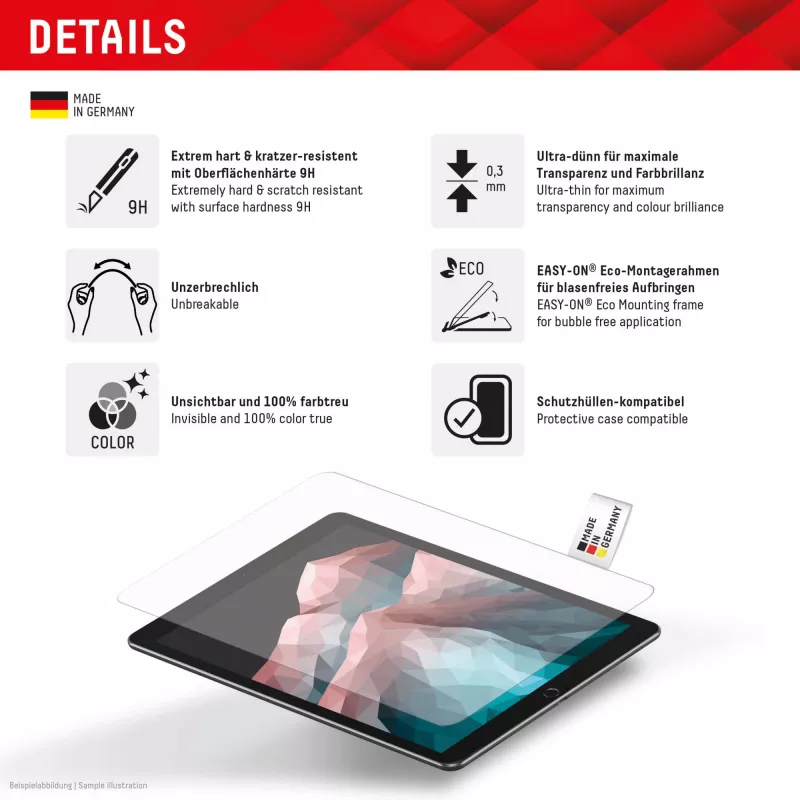 Vidro para tablet Displex (9H) para Samsung Galaxy Tab A11+/A9+, moldura de aplicação Eco, inquebrável