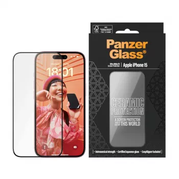 Proteção cerâmica PanzerGlass para iPhone 15 Ultra-Wide Fit resistente a riscos e choques