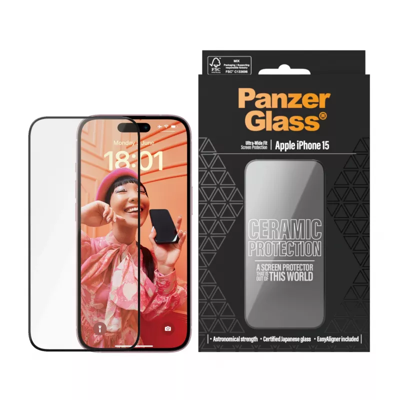 Proteção cerâmica PanzerGlass para iPhone 15 Ultra-Wide Fit resistente a riscos e choques